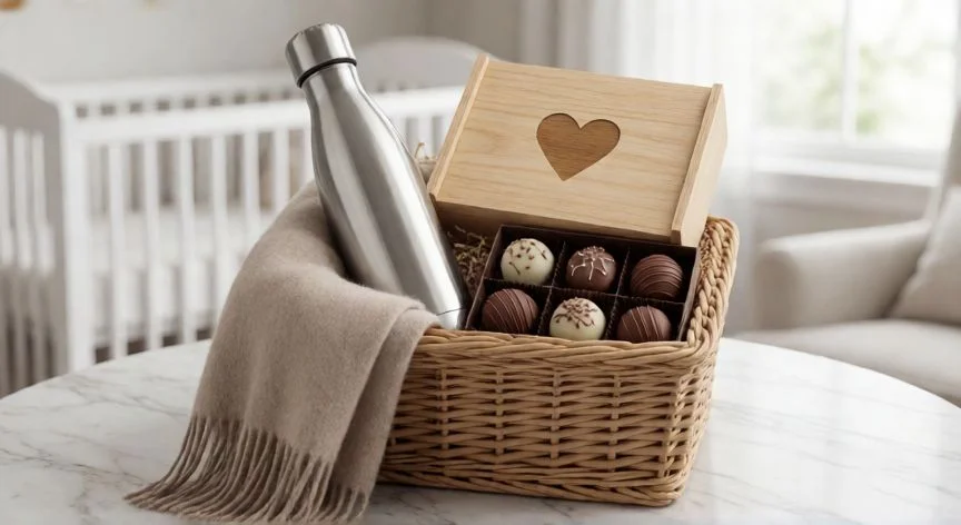 cual es el mejor regalo para una mujer embarazada, Cesta de regalo con accesorios elegantes y caja personalizada para futura madre