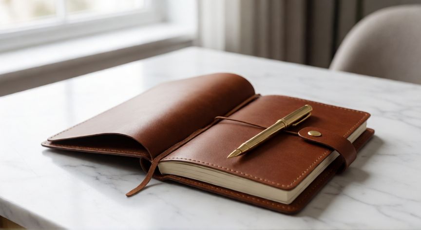 Agenda de piel y bolígrafo elegante sobre escritorio minimalista