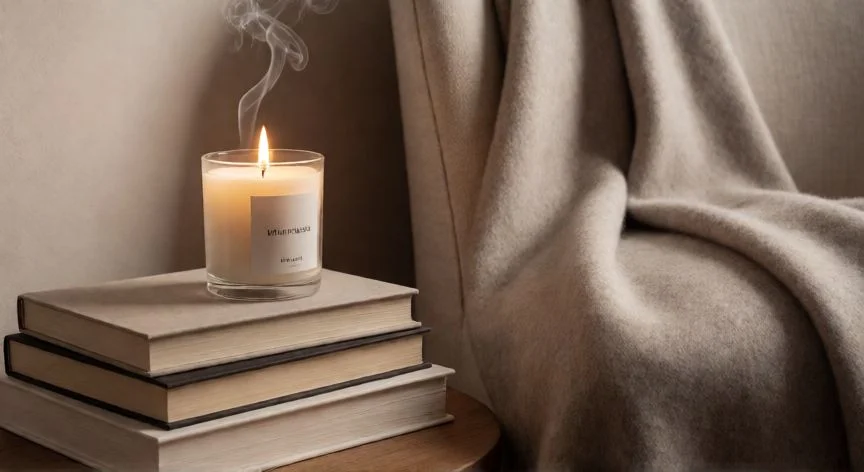 cual es el mejor regalo para una mujer virgo, Rincón de lectura acogedor con libros, vela aromática y manta de cachemira