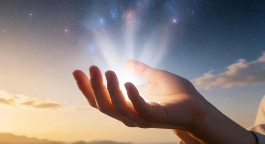 Manos humanas liberando una luz espiritual hacia el cielo estrellado