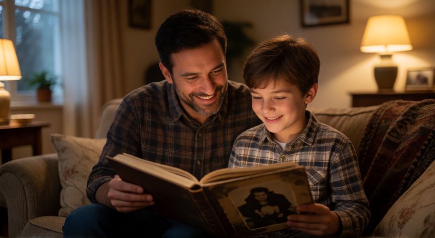Padre e hijo revisando álbum familiar en un ambiente cálido
