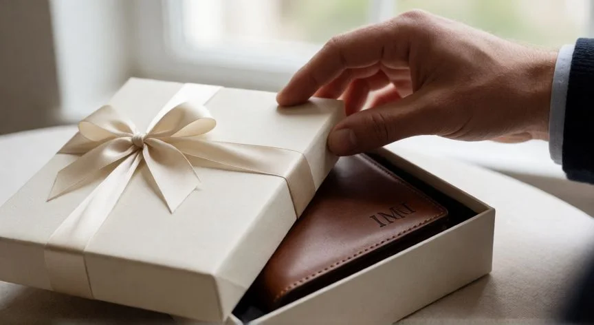 cuál es el mejor regalo que puedes dar a tu padre, Manos abriendo un regalo personalizado con monogramas en cuero