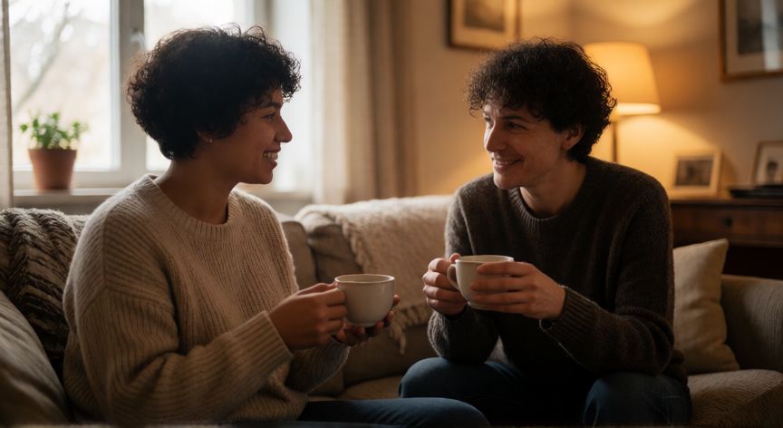 cual es el mejor regalo que te pueden dar, Dos personas compartiendo una conversación profunda y sin pantallas en un salón acogedor