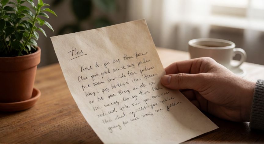 cual es el mejor regalo que te pueden dar, Manos sosteniendo una carta escrita a mano sobre una mesa de madera con luz suave