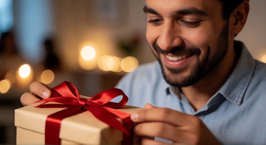Hombre sonriendo al abrir un regalo de San Valentín