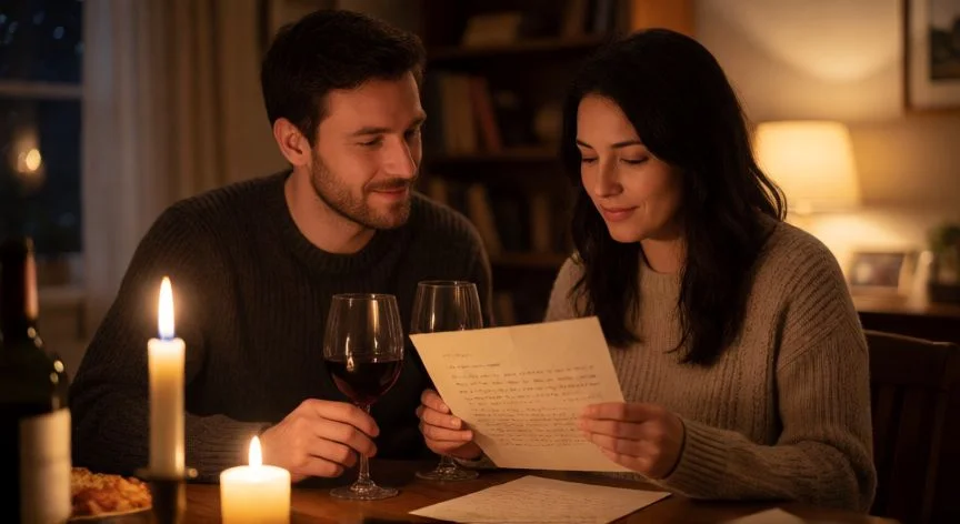 cual es el mejor regalo san valentín para un hombre, Pareja romántica compartiendo una carta y vino en San Valentín