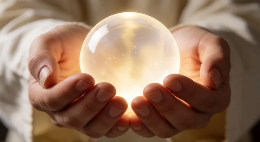 cuál es el mejor regalo según la biblia, Manos recibiendo una esfera de luz espiritual representando la gracia divina