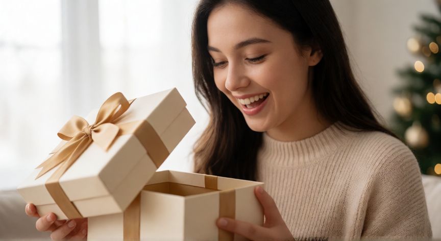 Joven feliz abriendo un regalo elegante con lazo dorado