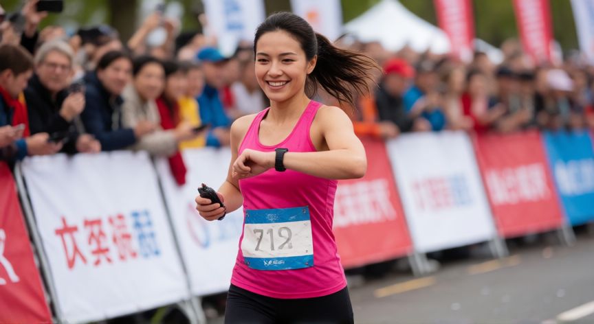 cual es el mejor tiempo correr 5 km, Corredora femenina cruzando meta y revisando su tiempo
