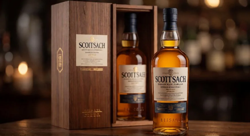 Botella de whisky single malt escocés en una caja de regalo elegante