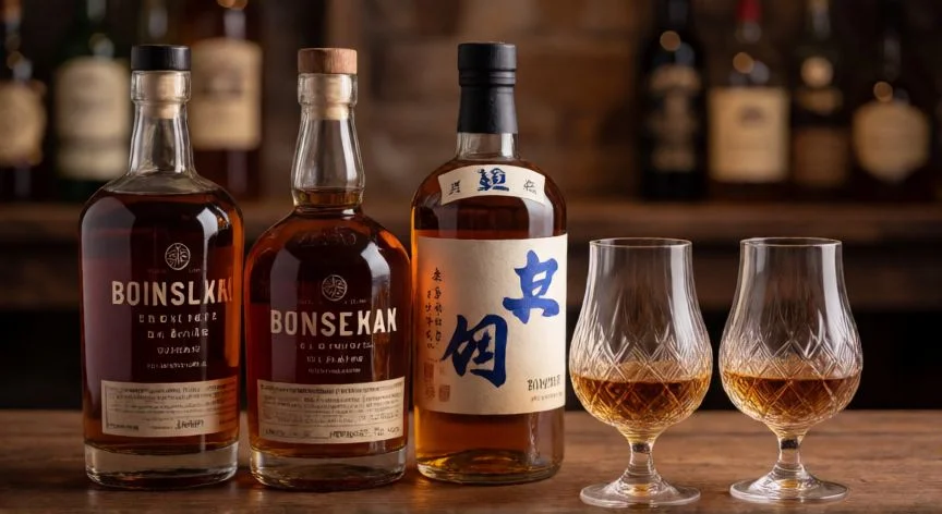 cual es el mejor whisky para regalo, Selección de whiskys de diferentes estilos con copas de cristal sobre una mesa de madera