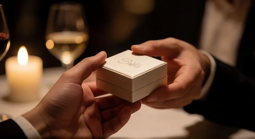 Manos entregando joyería personalizada en una cena romántica