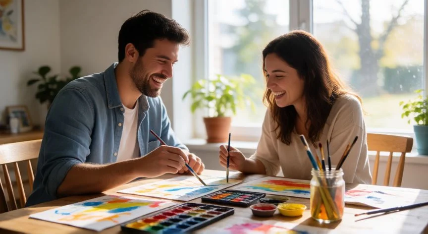 cual es el.mejor regalo de aniversario, Pareja disfrutando de una clase de pintura compartida