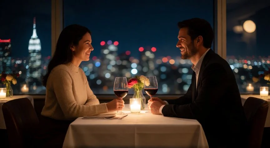 cual es el.mejor regalo.para mi novia, Pareja disfrutando de una cena romántica con vistas nocturnas en un restaurante