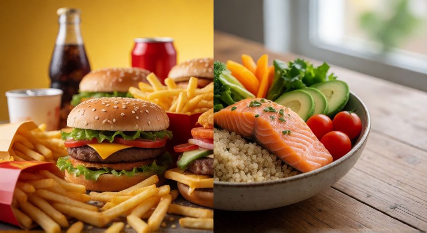 Comparación visual entre comida rápida ultraprocesada y un plato saludable nutritivo