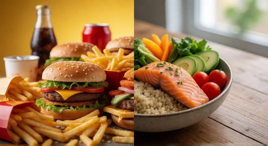 Comparación visual entre un plato nutritivo con alimentos frescos y otro con productos ultraprocesados