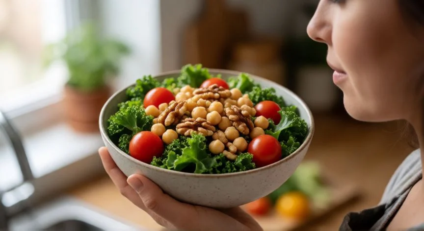 cuál es la diferencia entre comer y nutrirse, Familia compartiendo una comida saludable alrededor de la mesa con alimentos frescos