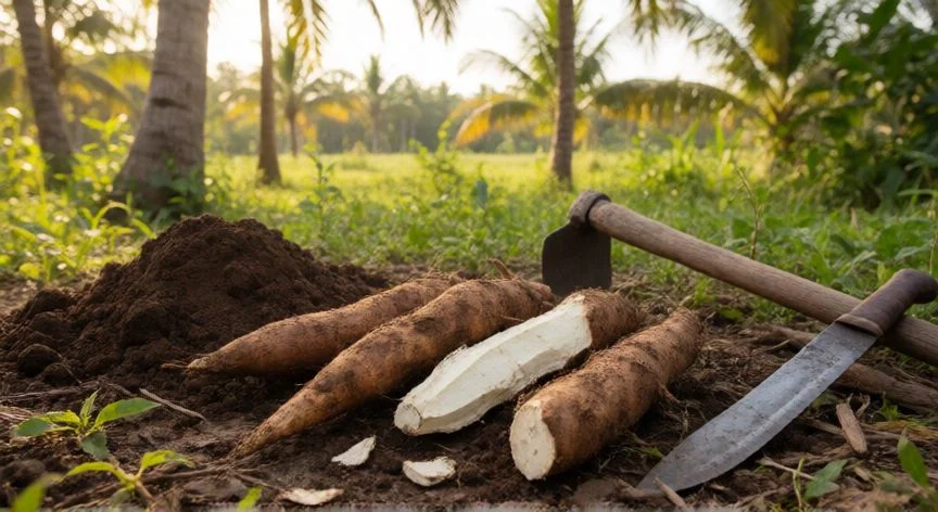 cuál es la mejor forma de sembrar yuca, Cosecha de raíces de yuca recién extraídas del suelo