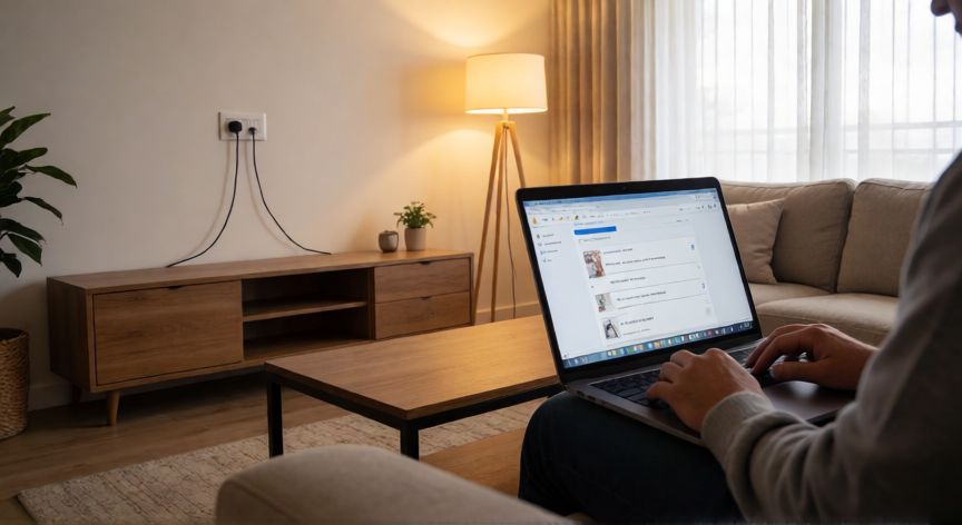 Persona utilizando internet de alta velocidad en un apartamento moderno en Colombia con fibra óptica
