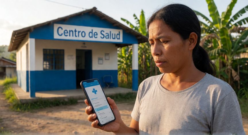 cual es la mejor ips de nueva eps, Paciente consultando la red de IPS de Nueva EPS desde el celular frente a un centro de salud en municipio colombiano