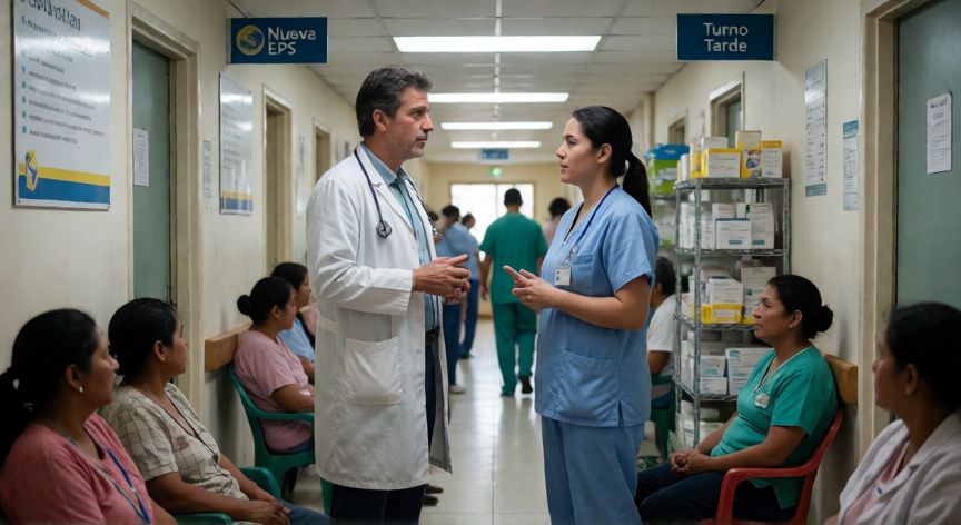 cual es la mejor ips de nueva eps, Personal médico en pasillo de hospital público colombiano con señalización de Nueva EPS atendiéndose a pacientes
