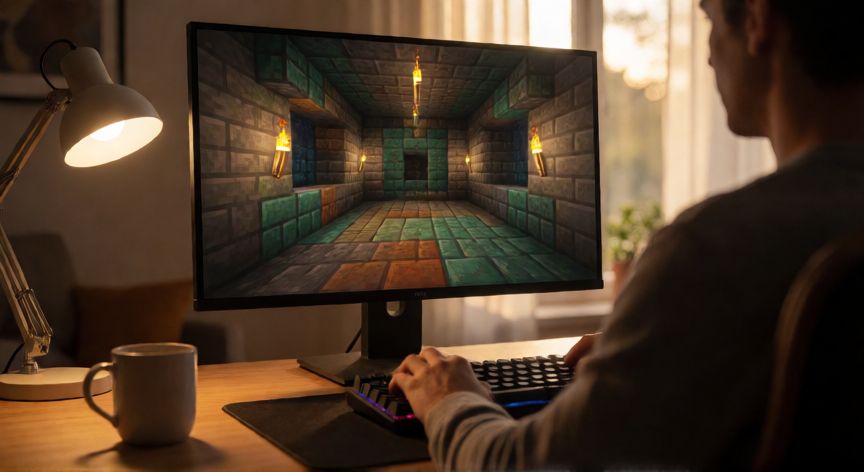 cual es la minecraft ultima version, Jugador de Minecraft explorando los salones de Tricky Trials en su PC