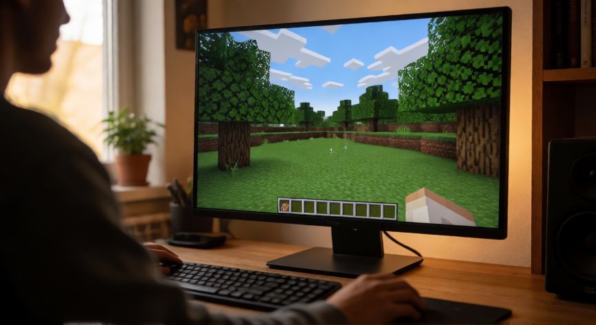 cual es minecraft original, Persona jugando la versión original de Minecraft en su ordenador