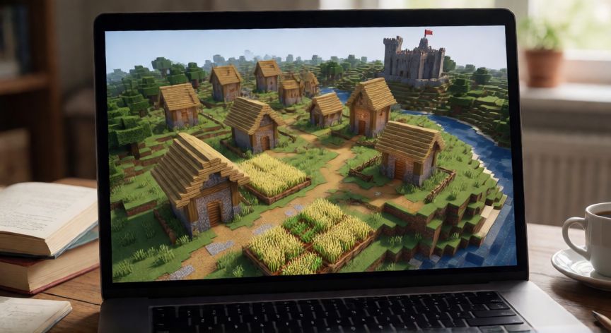 cual es minecraft original, Mundo construido en Minecraft Java Edition visto desde una laptop