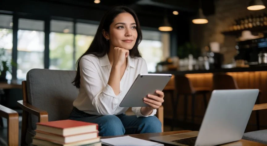 Mujer Geminis disfrutando de una actividad intelectual en un café moderno