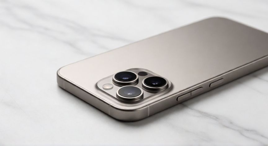 cual iphone 17 es mejor, Vista trasera de un iPhone 17 Pro con detalles de titanio y camaras multiples