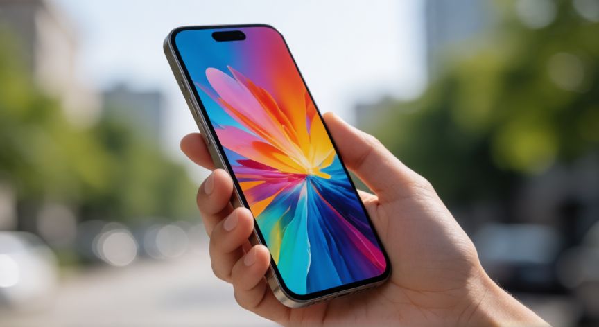 cual iphone 17 es mejor, Persona sosteniendo un iPhone 17 con pantalla encendida al aire libre