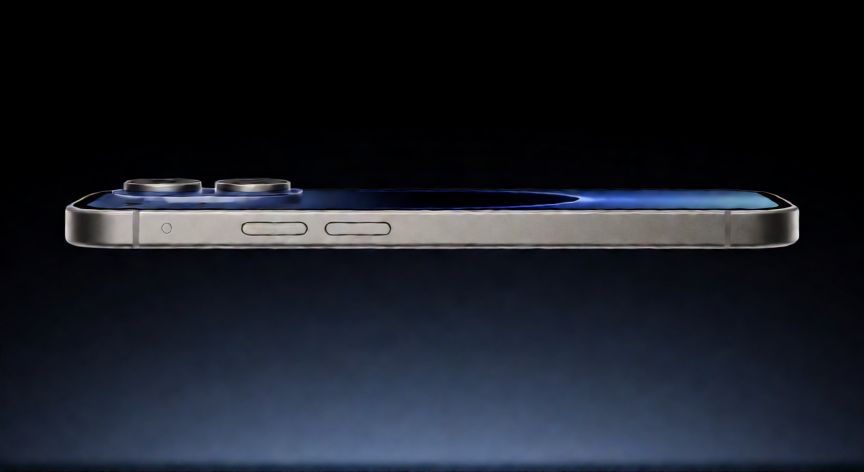 cual iphone comprar en 2025, Perfil lateral del iPhone 16 Pro con diseño de titanio y botones laterales