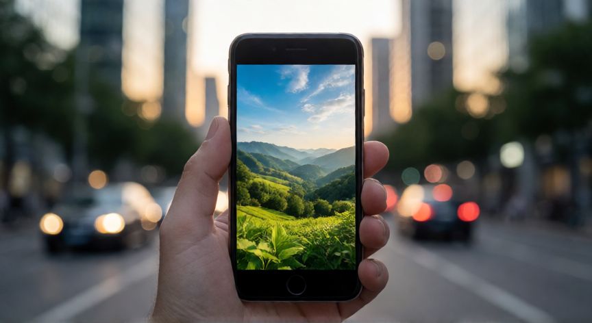 cual iphone comprar en 2025, Persona sosteniendo un iPhone con una fotografía de paisaje vibrante en la pantalla