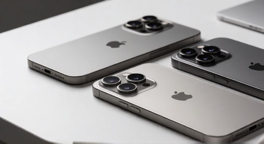 cual iphone es el mas nuevo, Vista cercana de los nuevos modelos iPhone Pro sobre un escritorio minimalista