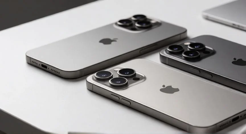 Vista cercana de los nuevos modelos iPhone Pro sobre un escritorio minimalista