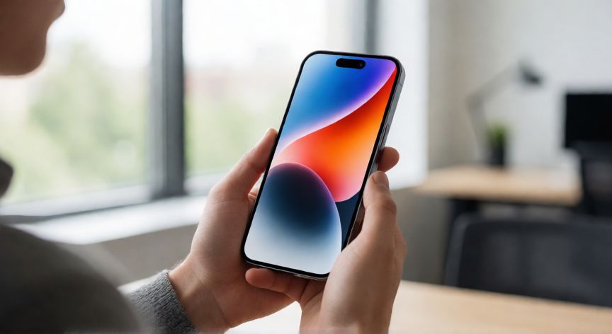 cual iphone es el mas nuevo, Persona sosteniendo un iPhone 16 en una oficina moderna con luz natural