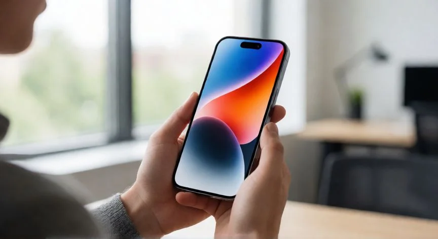 cual iphone es el mas nuevo, Persona sosteniendo un iPhone 16 en una oficina moderna con luz natural