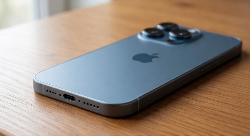 cual iphone es mejor, Detalle de la cámara y puerto USB-C del iPhone 15 Pro Titanio Azul