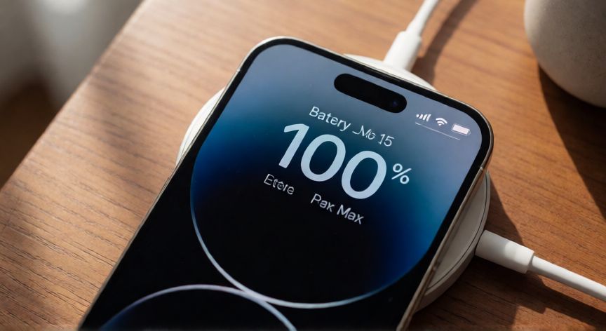 cual iphone tiene mejor bateria, Pantalla del iPhone 15 Pro Max mostrando batería al 100 por ciento