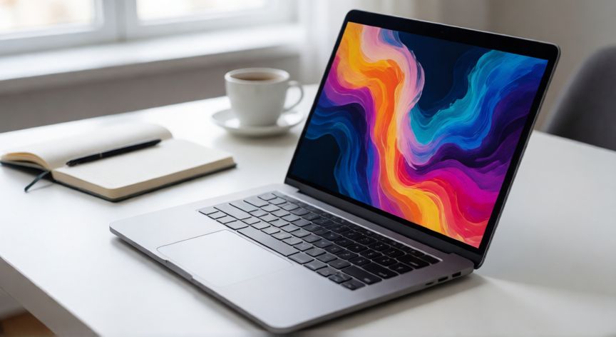 cual ordenador portátil comprar, Portátil moderno abierto sobre un escritorio de trabajo minimalista