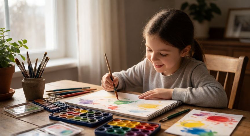 Niña de 8 años pintando con acuarelas en una mesa de madera