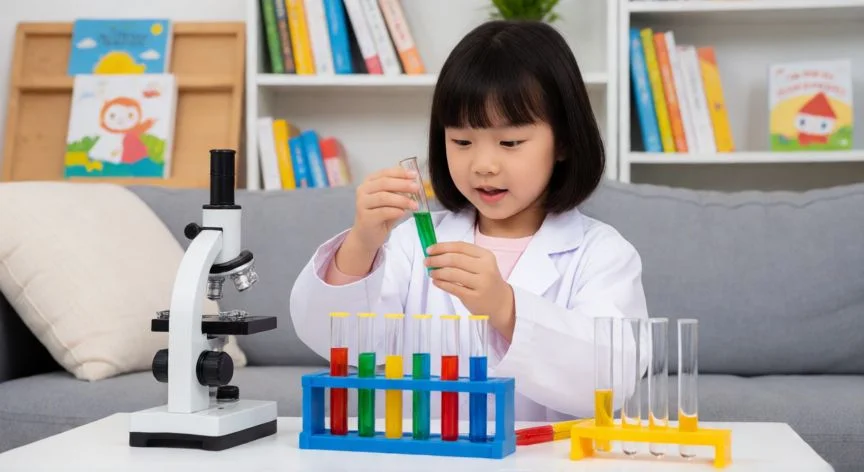 cual.es el mejor regalo para niña de 8 años, Niña realizando un experimento científico con un kit educativo