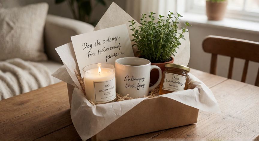 Canasta de regalo para Open House con vela, taza personalizada y producto local