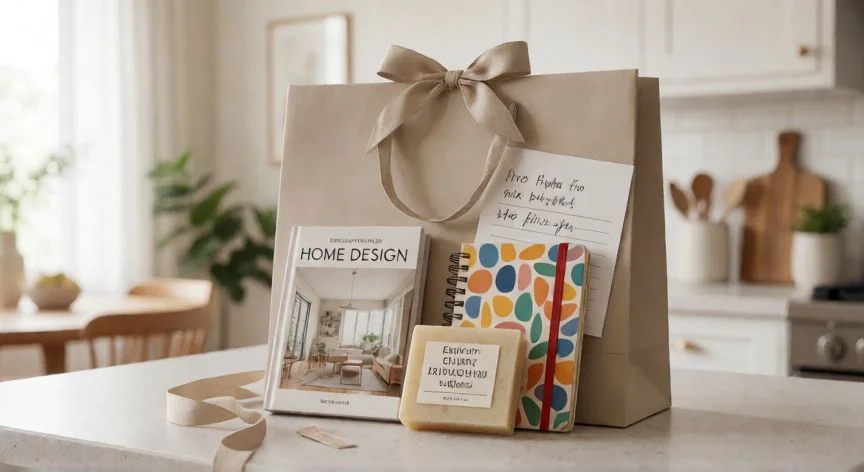 cual.es.el mejor.regalo para un open house, Bolsa de regalo con libro de diseño y productos ecológicos para invitados