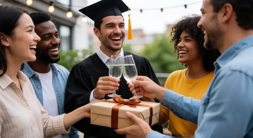cual.es.el.mejor.regalo para un graduado.de.universidad, Grupo de amigos celebrando una graduación universitaria con regalos