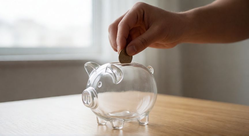 cuando ahorrar, Mano guardando una moneda en un cochino hucha de cristal sobre un escritorio