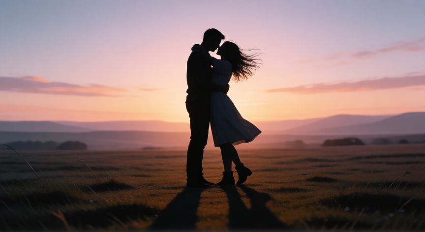 cuando ahorrarme un beso para ir a abrazarte, Silueta de una pareja abrazándose apretadamente al atardecer en un campo