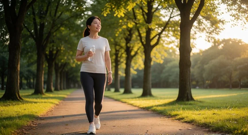 Mujer caminando en el parque después de comer al atardecer