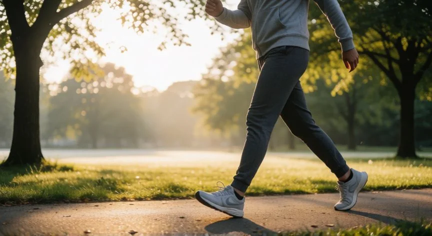 Persona caminando a paso vivo por un parque al amanecer para hacer ejercicio