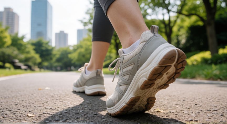 cuando es mejor andar para adelgazar, Primer plano de pies con zapatillas caminando por un sendero urbano durante el día
